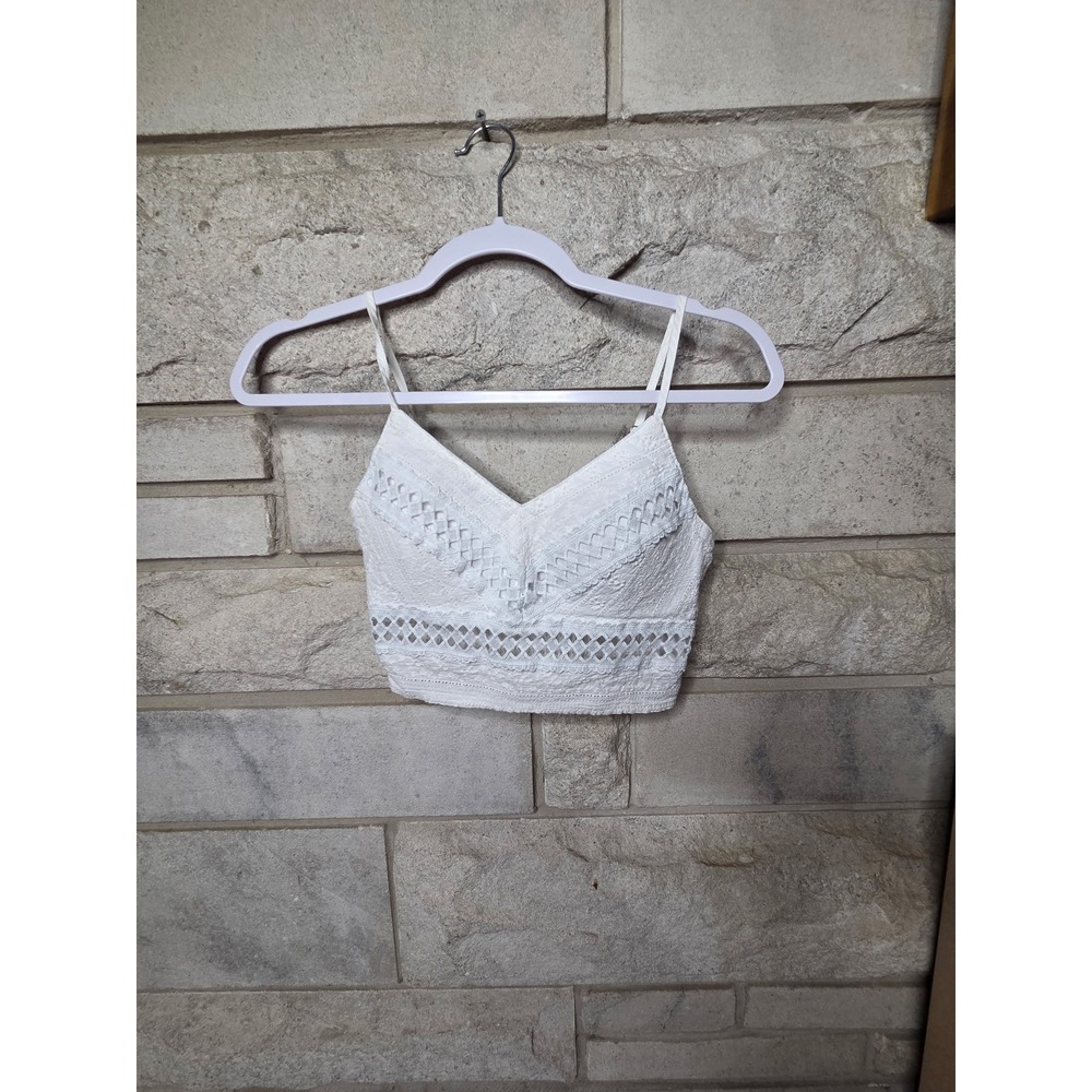 Rebellion Again White Crochet Lace Crop Top Smocked Back V-Neck Cami Small